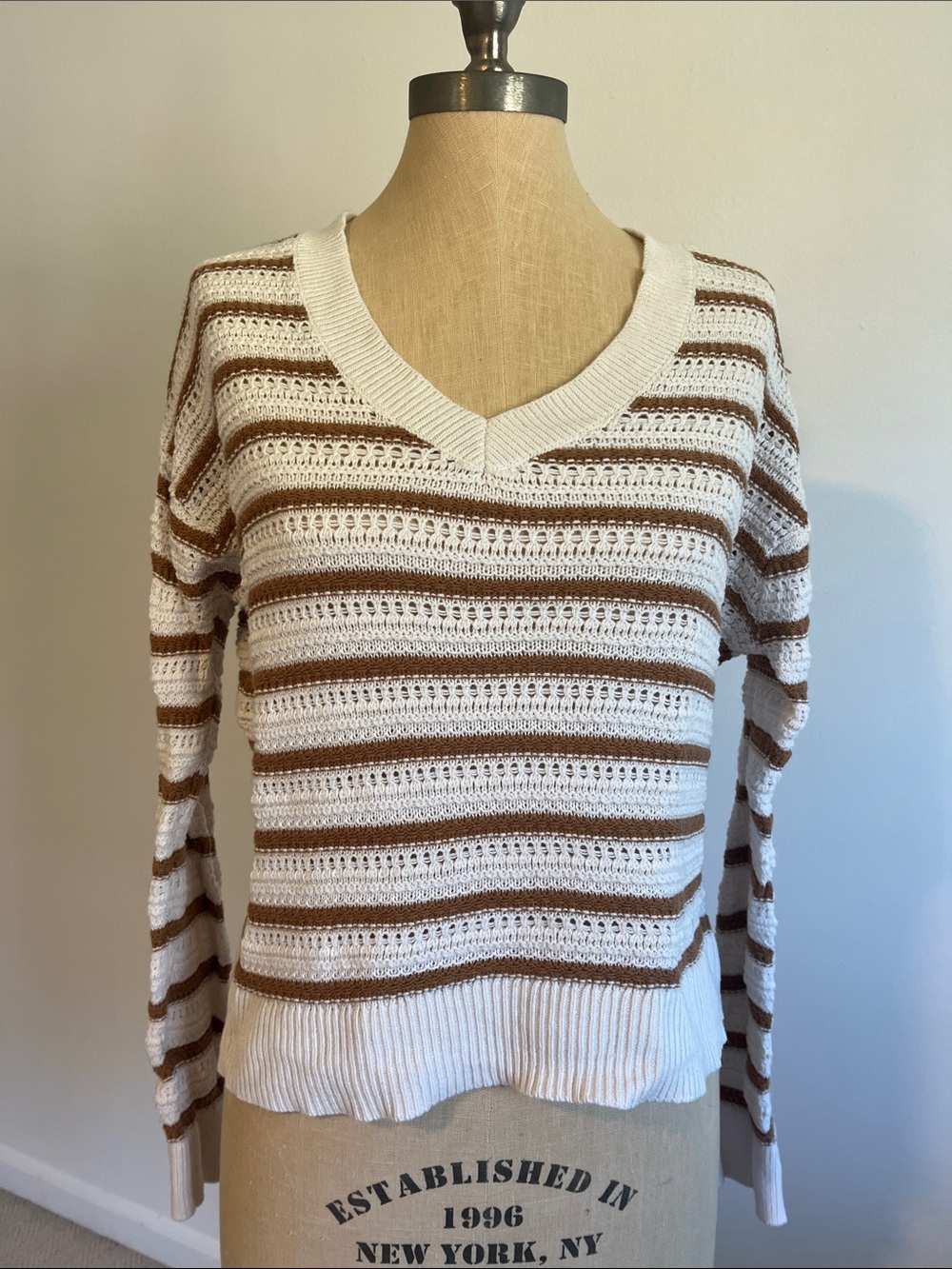 LOFT Cream and Brown Striped V-Neck Sweater